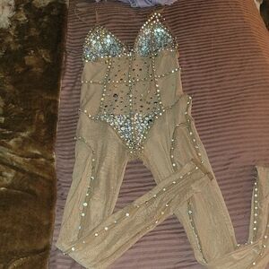 Custom Made Sheer Nude Sparkling Tan Bodysuit with Rhinestones Small